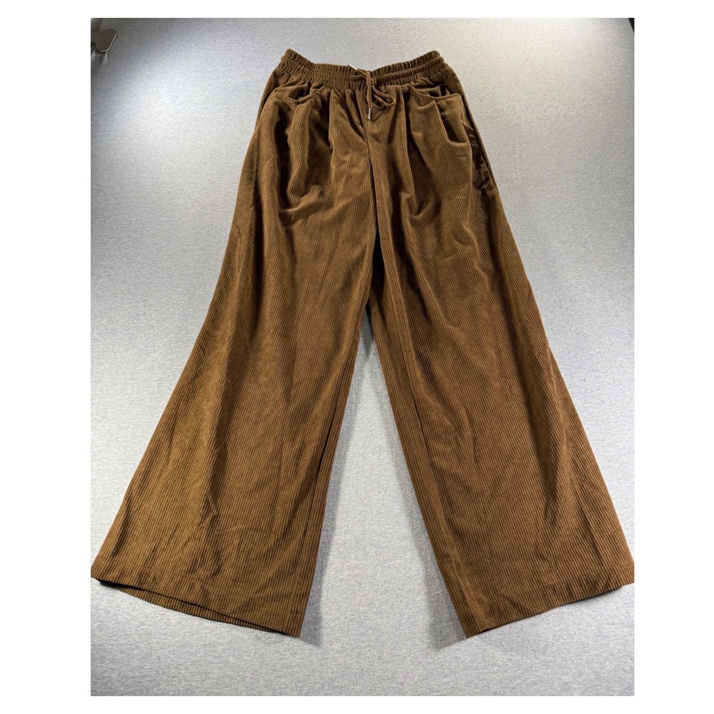Evaless Brown Corduroy Wide Leg Pants Elastic Waist Drawstring Size M